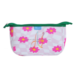  Neoprene Cosmetic Pouch with Floral Design for Women (Chic Pink and White Plaid )