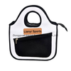 Black and white neoprene cooler bag with integrated handles and front pocket for custom logo branding